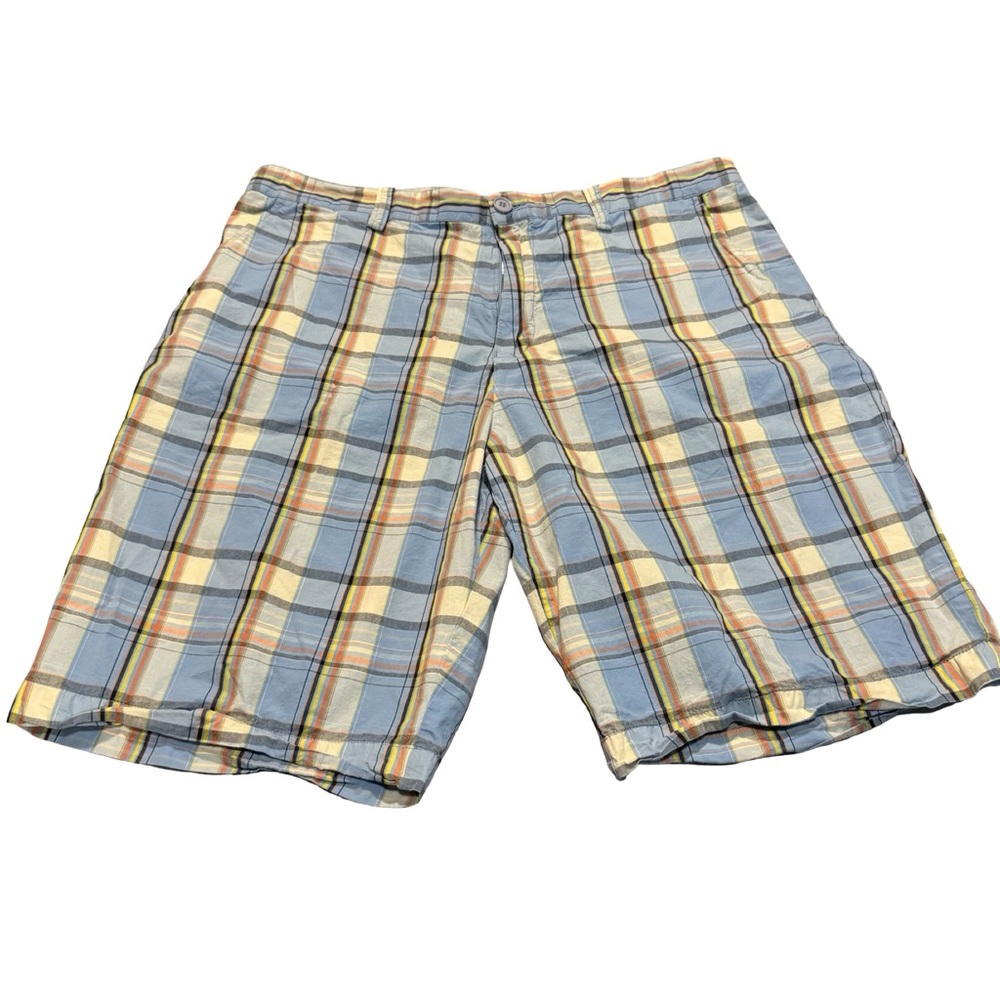 Plaid Cotton Blend Men's Shorts in Light Blue and Cream